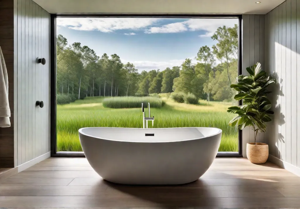 A serene modern bathroom with a freestanding white bathtub large window overlookingfeat