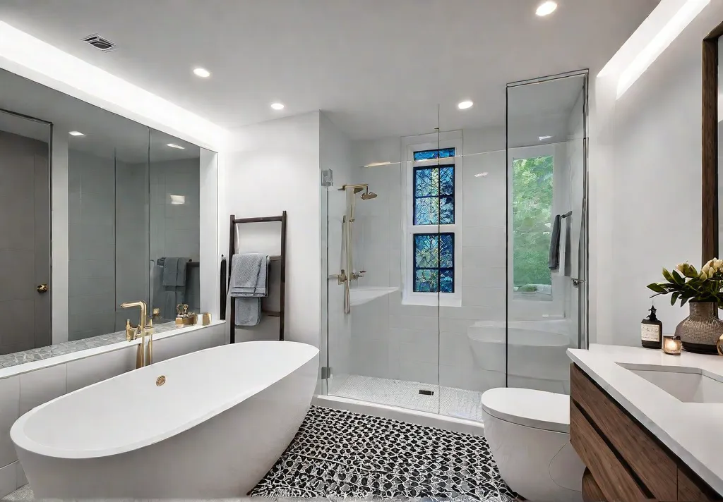 A small bathroom with white walls and a patterned floor The roomfeat