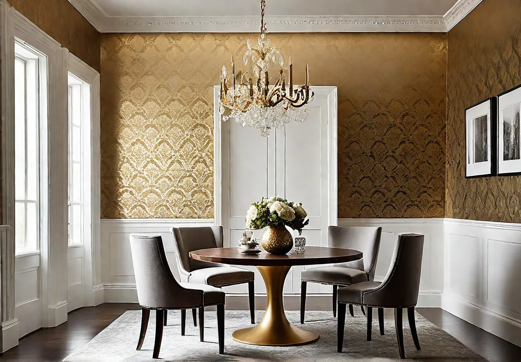 A small dining room with light reflecting metallic gold damask wallpaper Thefeat