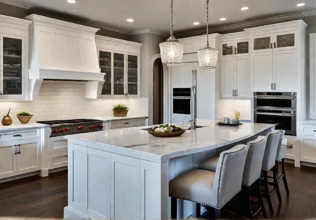 A spacious lightfilled kitchen features a large traditional island with white shakerfeat