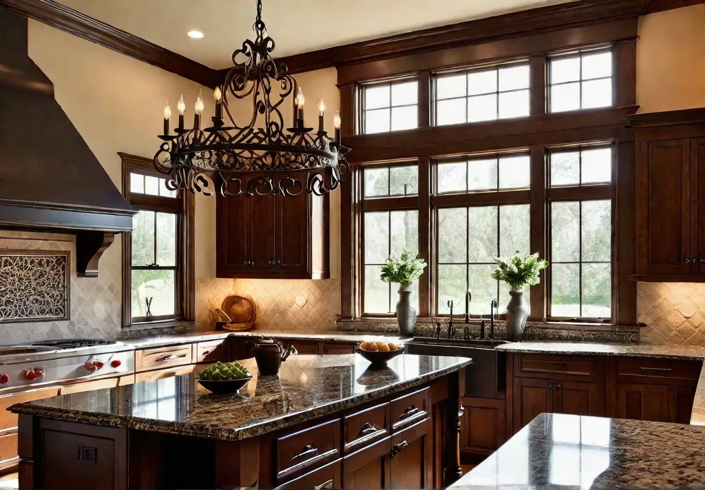 A spacious traditional kitchen with high ceilings bathed in warm light fromfeat