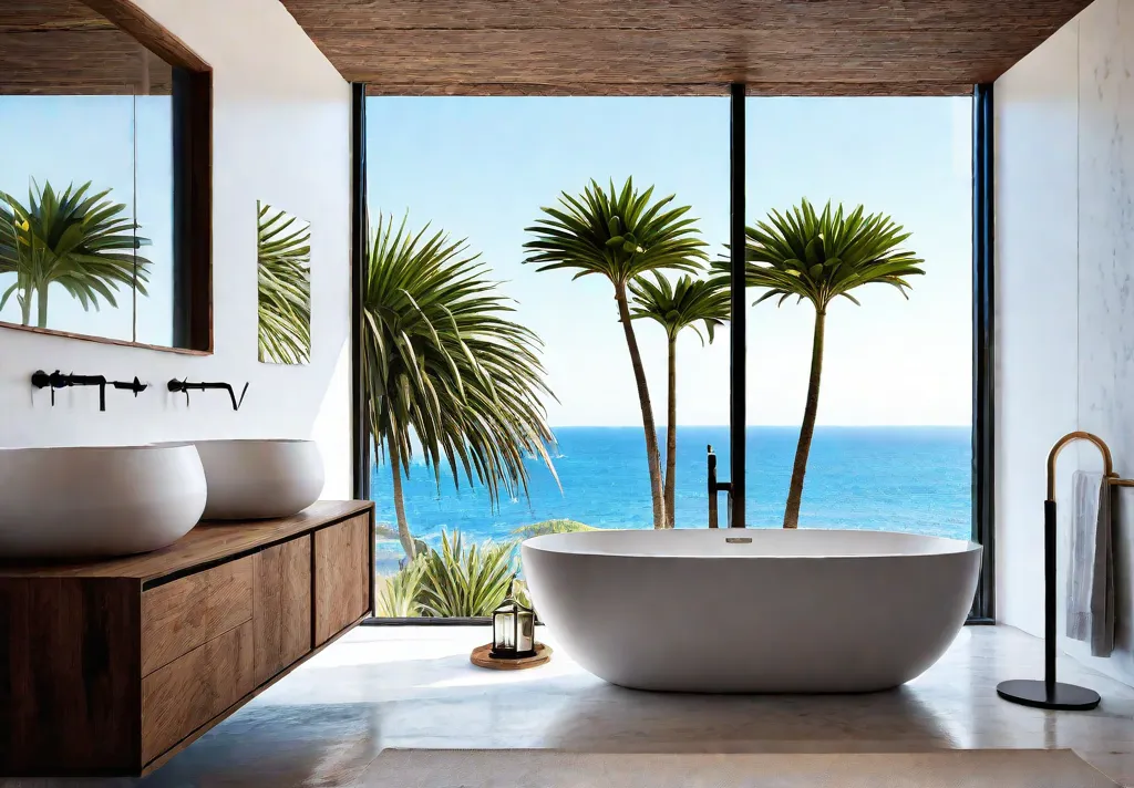 A sundrenched coastal bathroom with a freestanding bathtub overlooking the ocean decoratedfeat