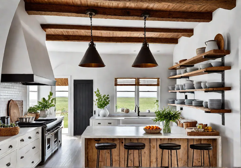 A sundrenched farmhouse kitchen with open shelving displaying vintage enamelware accented byfeat