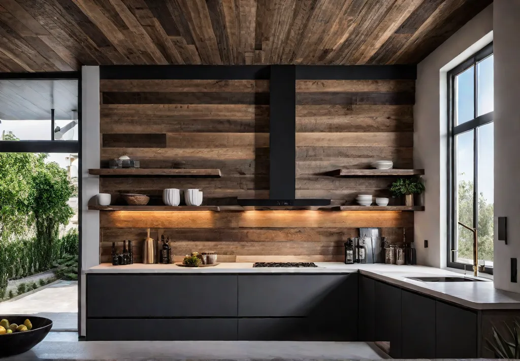 A sundrenched kitchen with a reclaimed wood backsplash featuring a variety offeat
