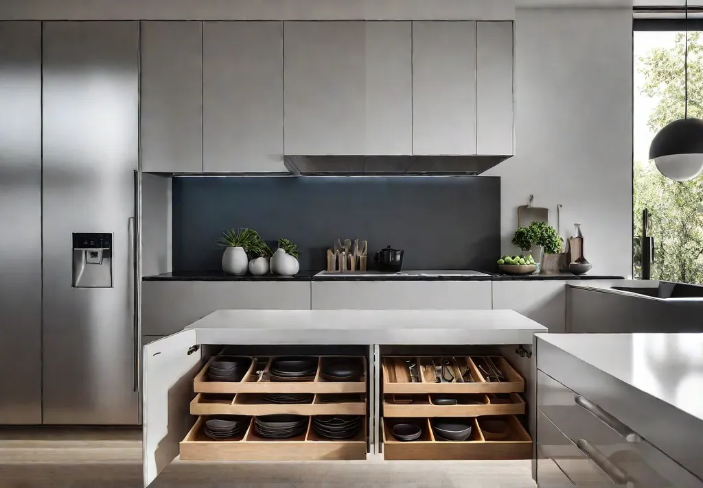 A sundrenched kitchen with a set of drawers pulled open to revealfeat