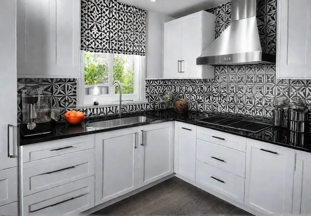 A sundrenched kitchen with white cabinets and sleek black countertops featuring afeat
