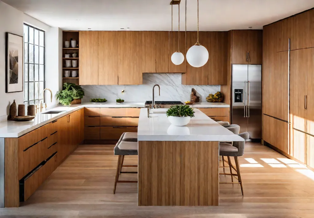 A sundrenched modern kitchen with minimalist bamboo cabinets white countertops and stainlessfeat