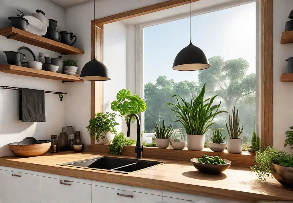 A sundrenched small kitchen with a large window featuring open shelves adornedfeat