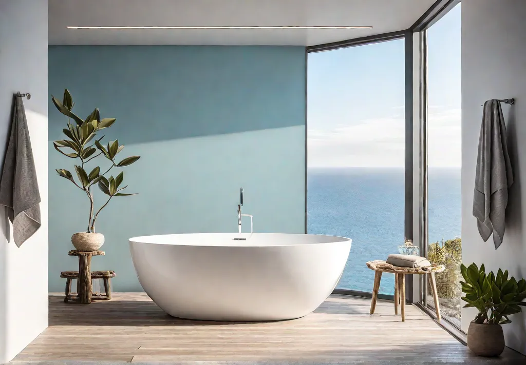 A sundrenched spalike bathroom with a freestanding bathtub and large windows Thefeat