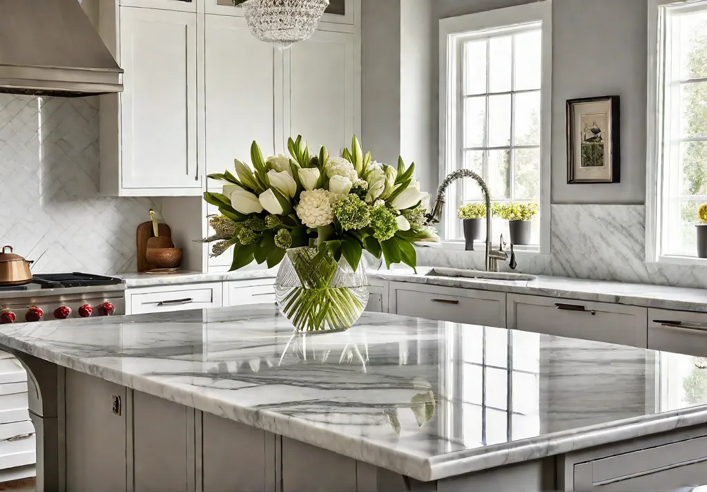 A sunlit kitchen showcasing the timeless elegance of a marble countertop withfeat