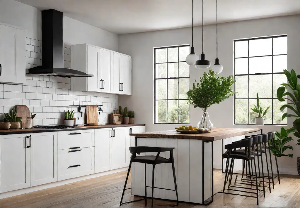 A sunlit modern farmhouse kitchen with white shaker cabinets adorned with sleekfeat