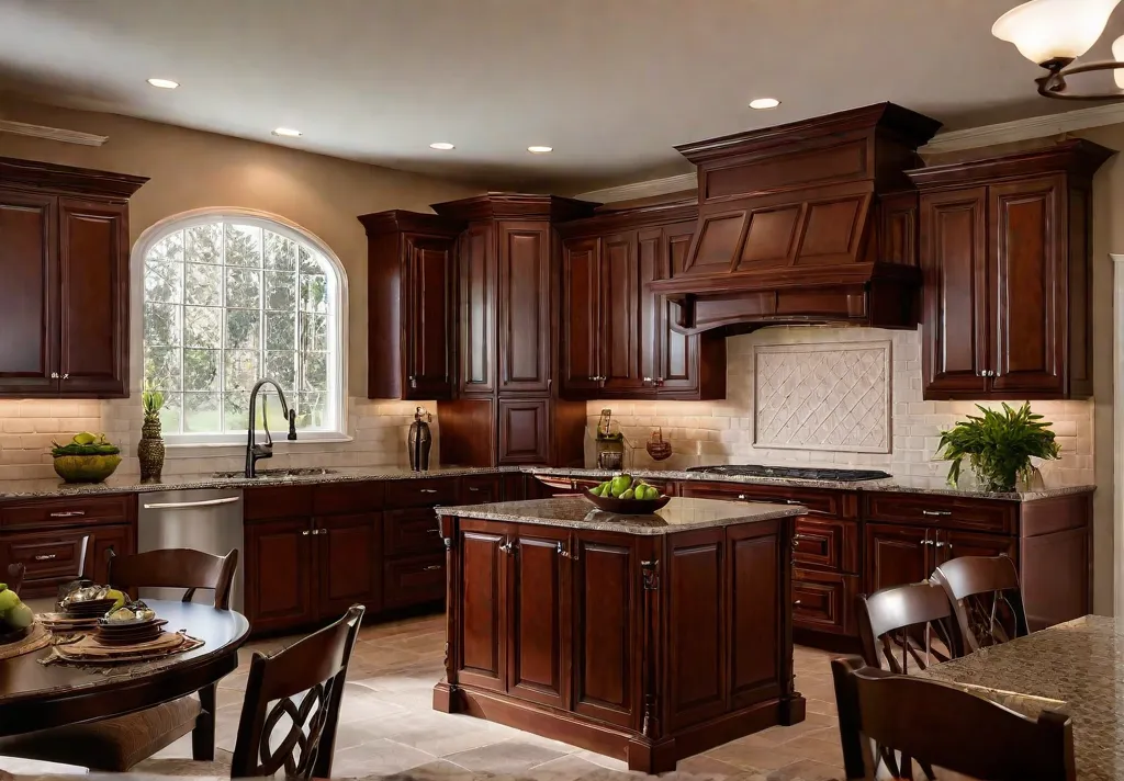 A sunlit traditional kitchen featuring cherry wood cabinets with raised panel doorsfeat