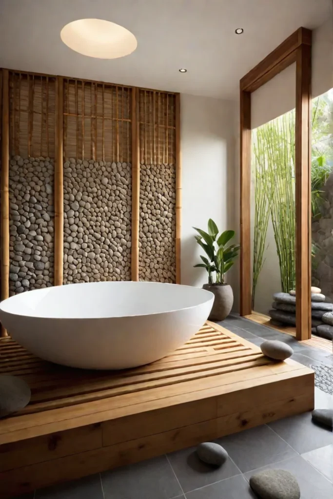 A Japanese soaking tub made from natural wood is the centerpiece of a minimalist bathroom