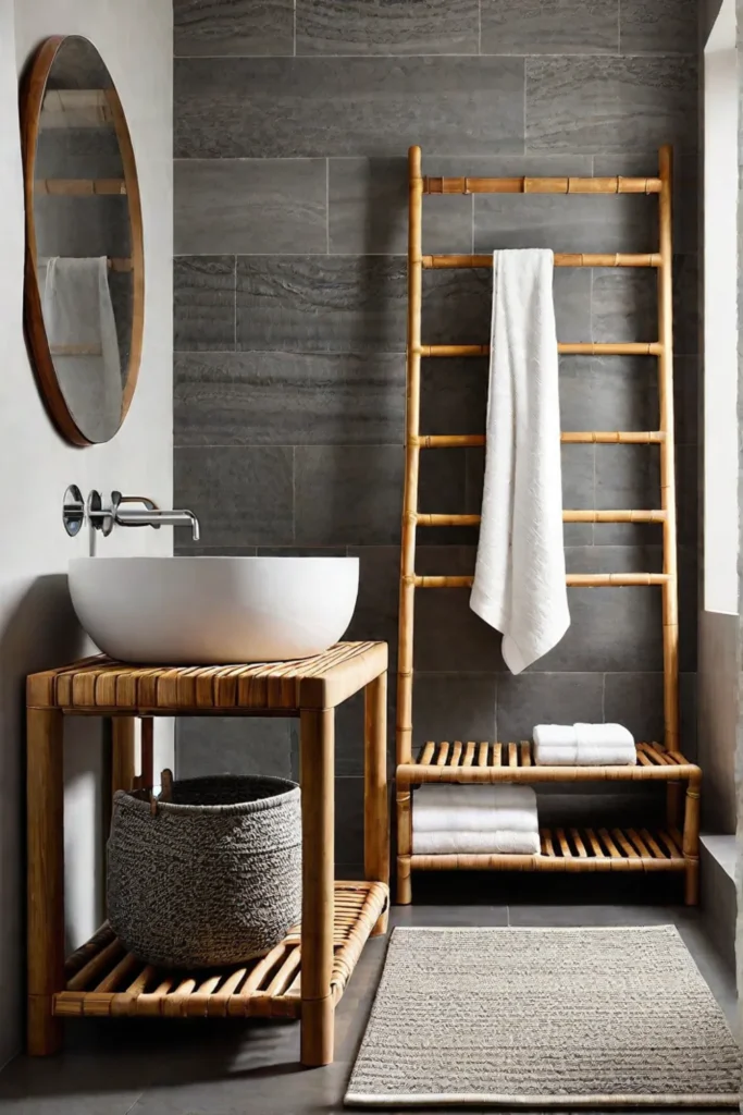 A bamboo towel rack and woven rug bring texture and warmth to a minimalist bathroom