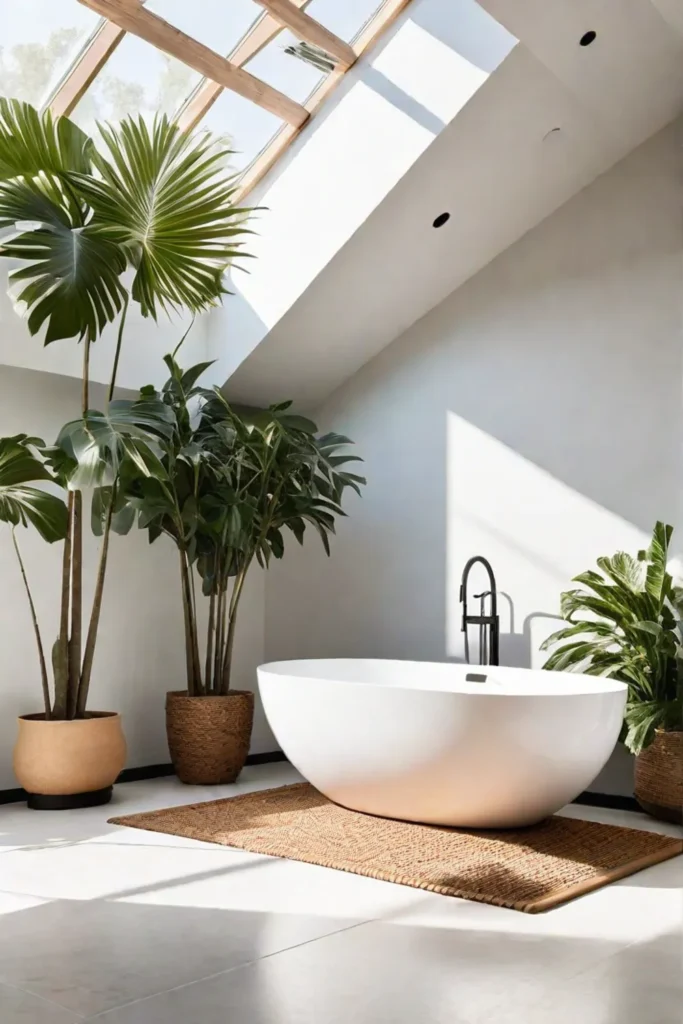 A bathroom with a skylight and freestanding bathtub surrounded by plants