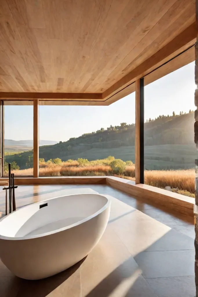 A freestanding bathtub sits beside a large window in a serene minimalist bathroom