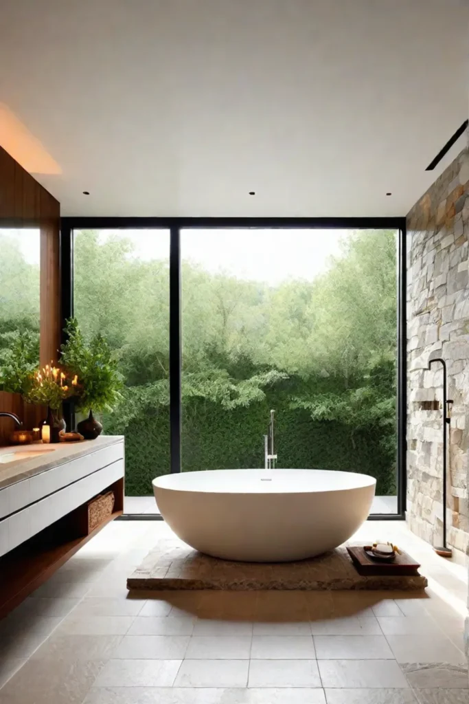 A freestanding bathtub stands as the centerpiece of a minimalist bathroom with natural stone tiles