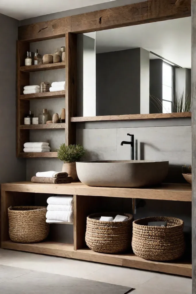 A large mirror reflects soft light in a minimalist bathroom with woven baskets