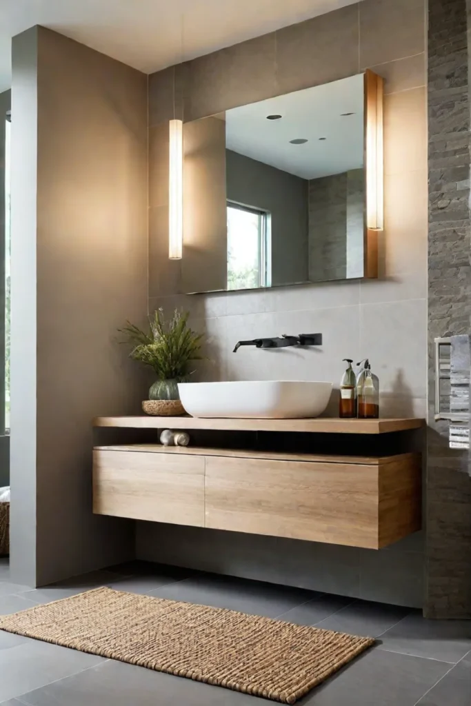 A minimalist bathroom with a floating wooden vanity and vessel sink