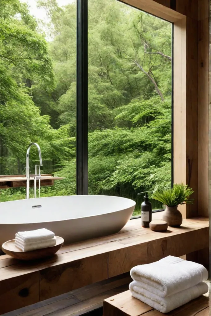 A view of a green garden connects a minimalist bathroom with nature