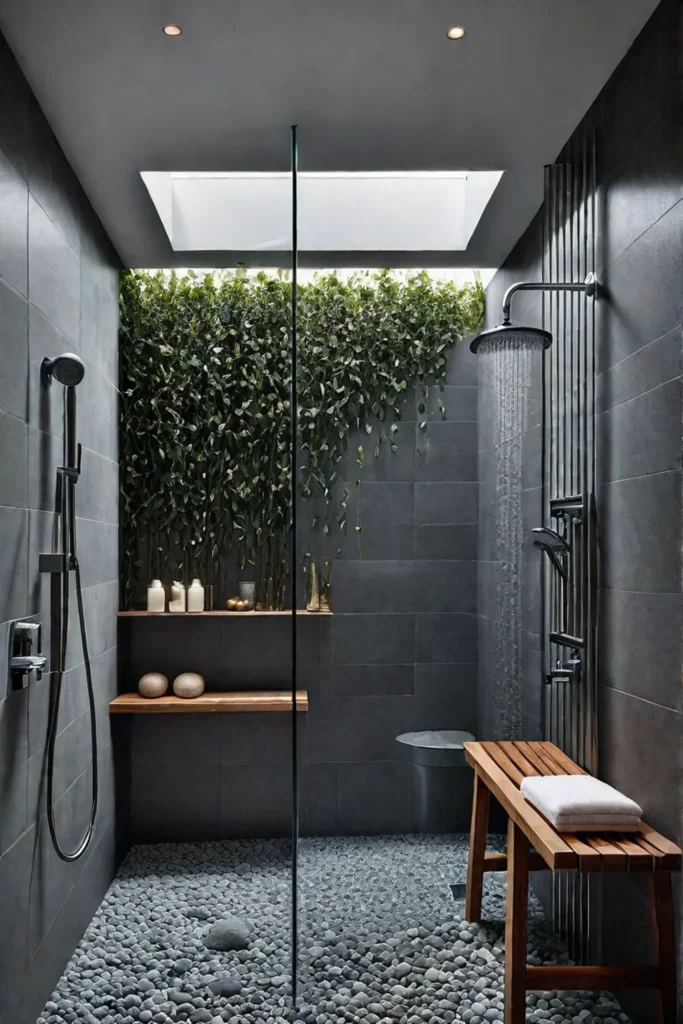 A walkin shower with a rainfall showerhead and eucalyptus branches
