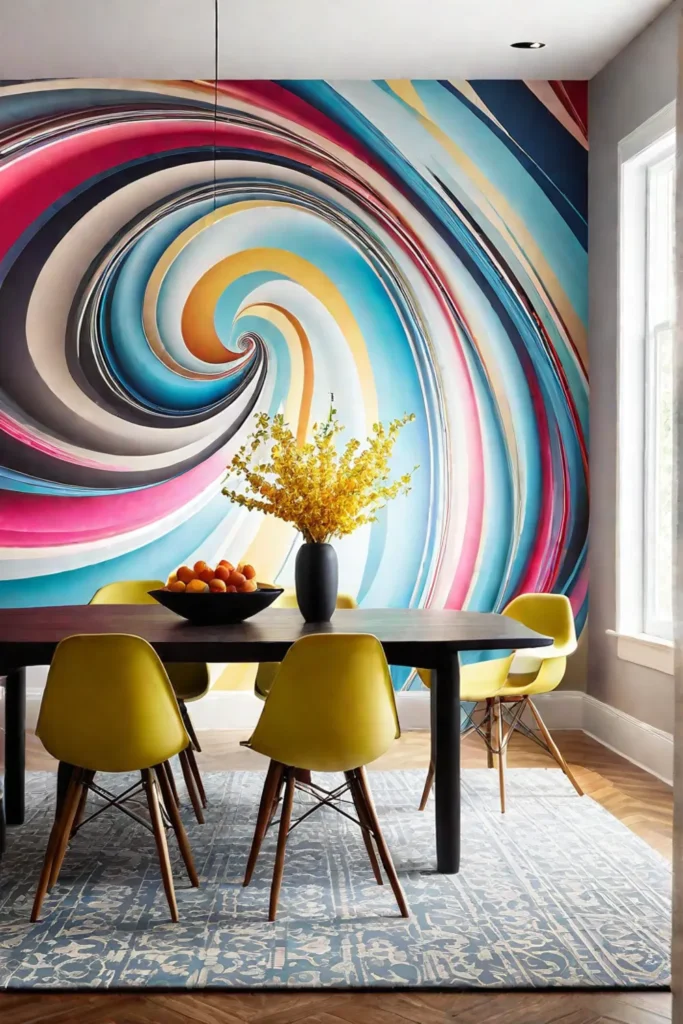 Abstract wallpaper with swirling shapes in a dining room