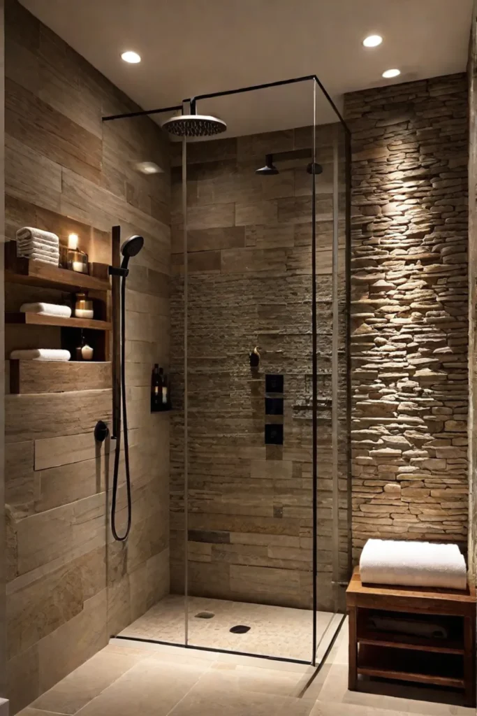 An open shower with a rain showerhead and natural stone walls evokes a spalike experience
