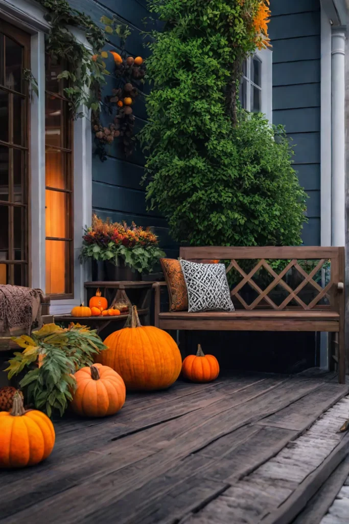 Autumn porch decor with pumpkins