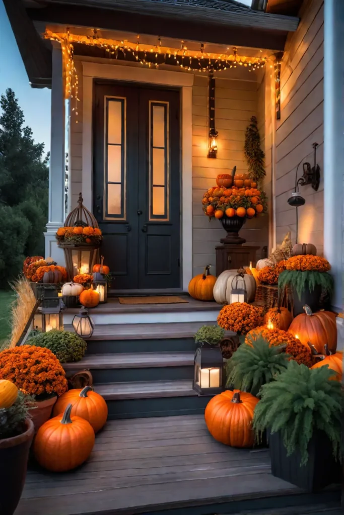 Autumn porch with festive lighting