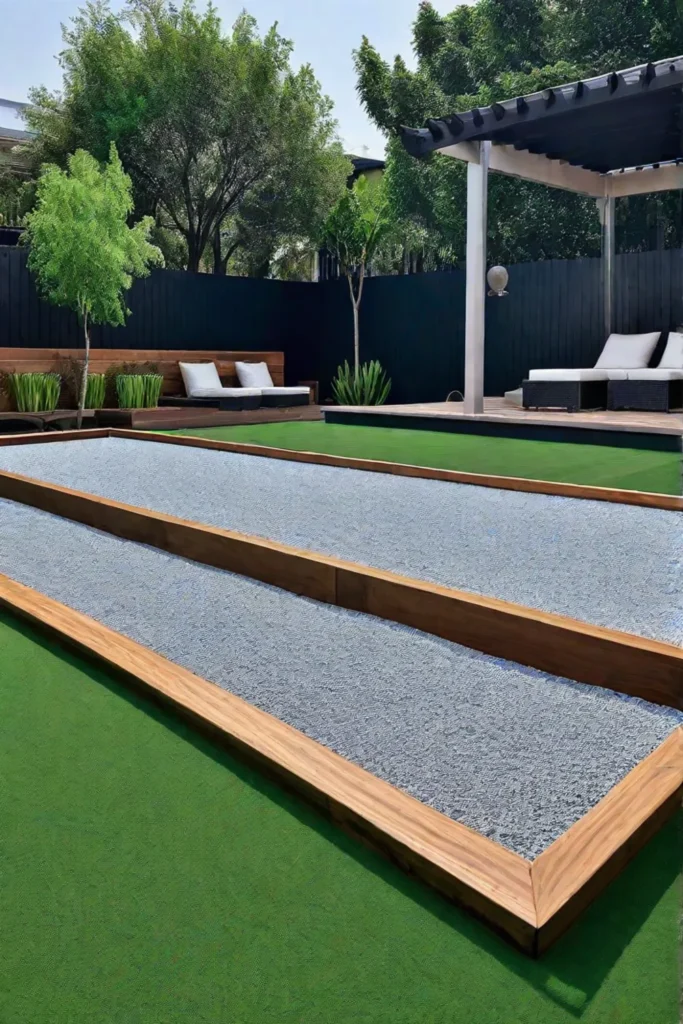 Backyard bocce ball court with seating