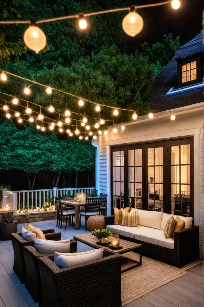 Backyard patio with string lights