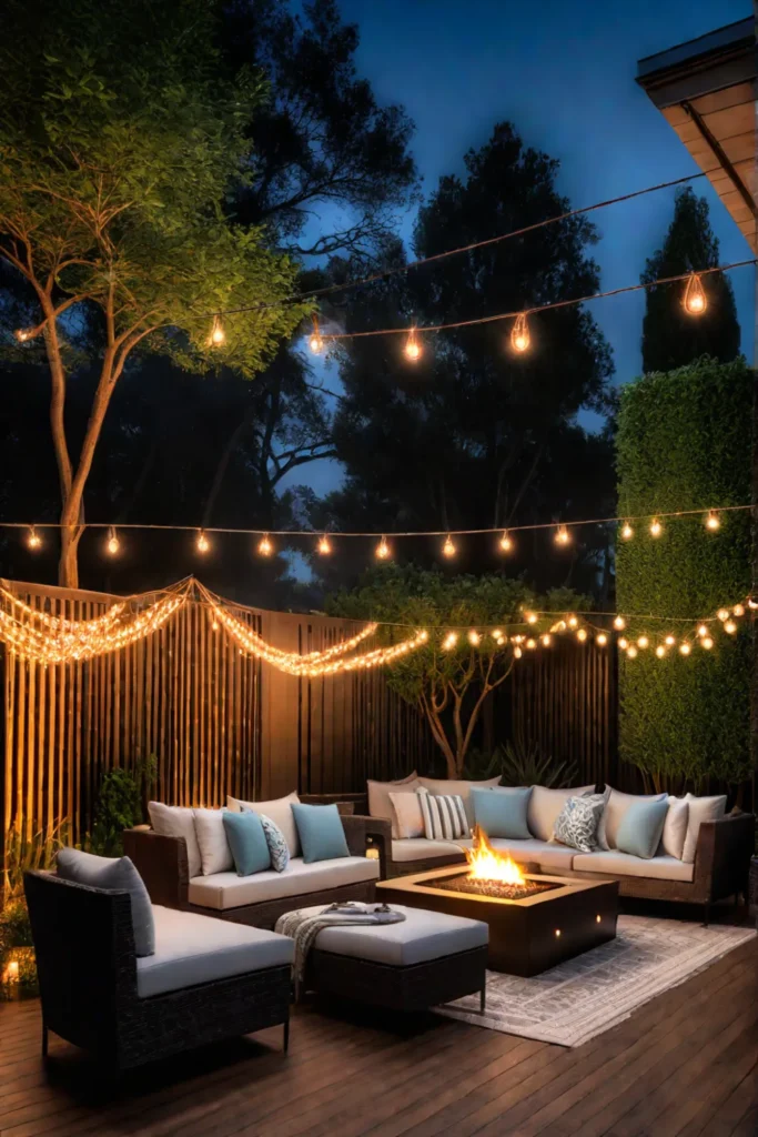 Backyard seating area with string lights