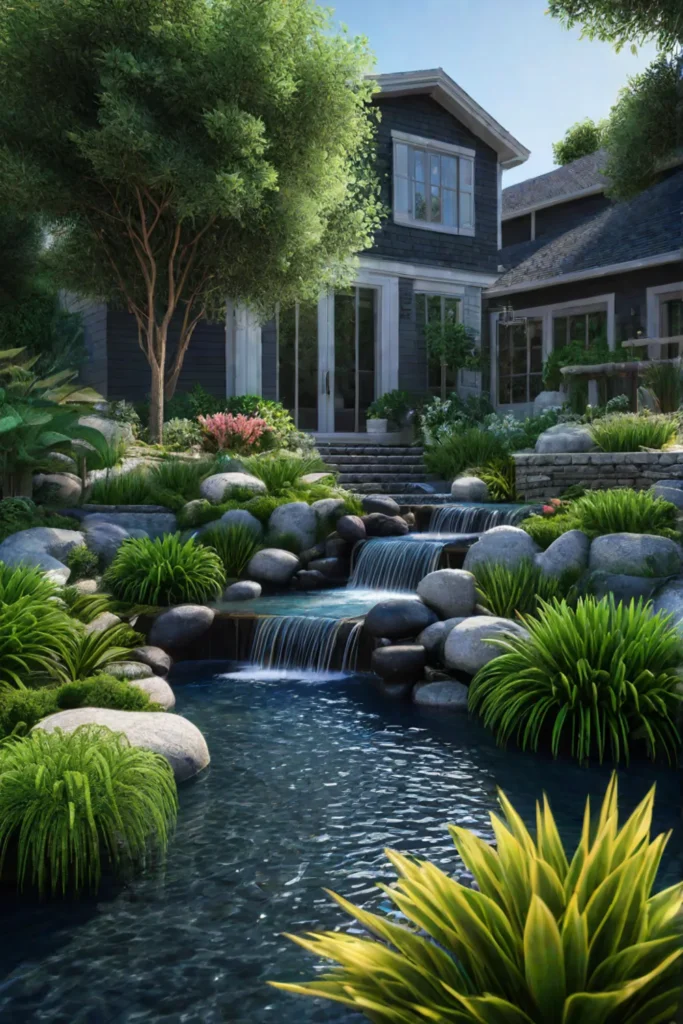 Backyard water feature with waterfall and plants