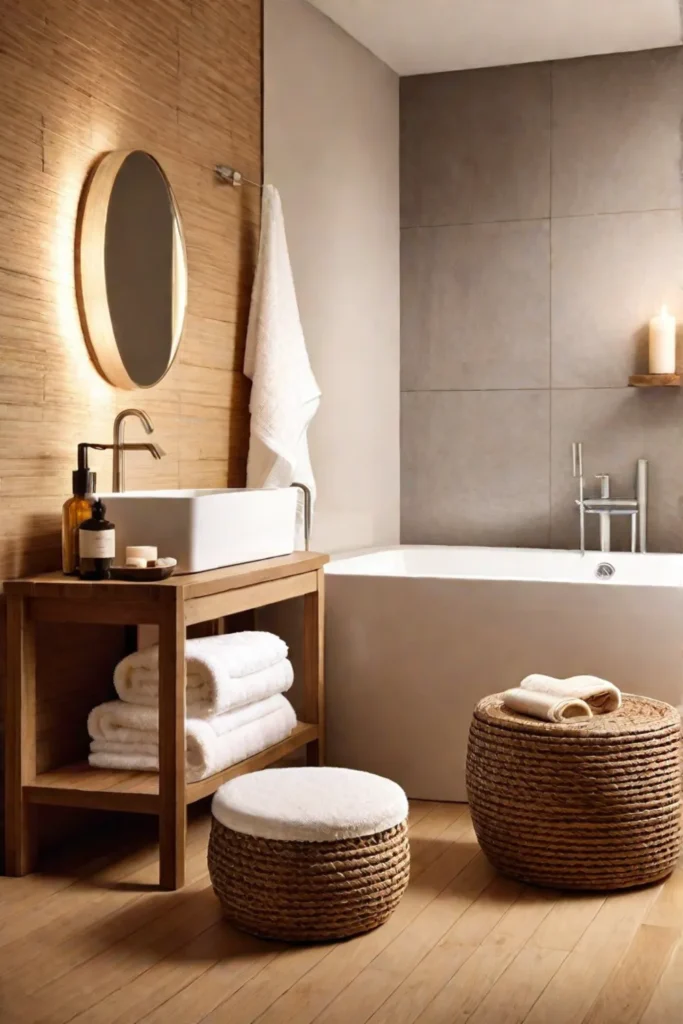 Bamboo flooring and a woven basket add natural textures to a minimalist bathroom