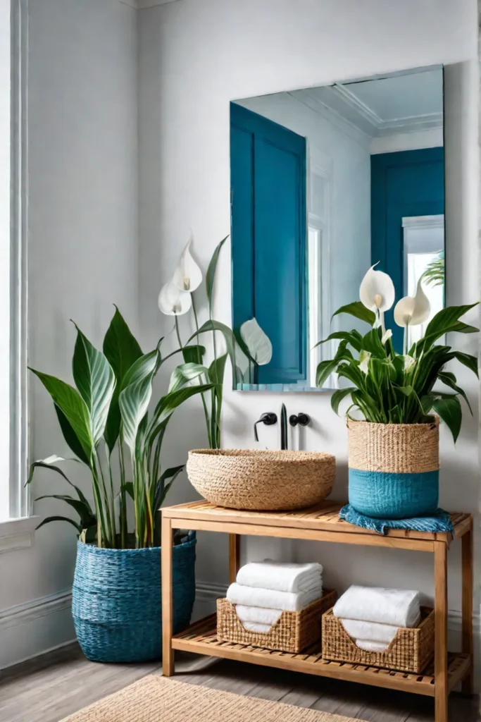 Bathroom decor with peace lily and coastal elements