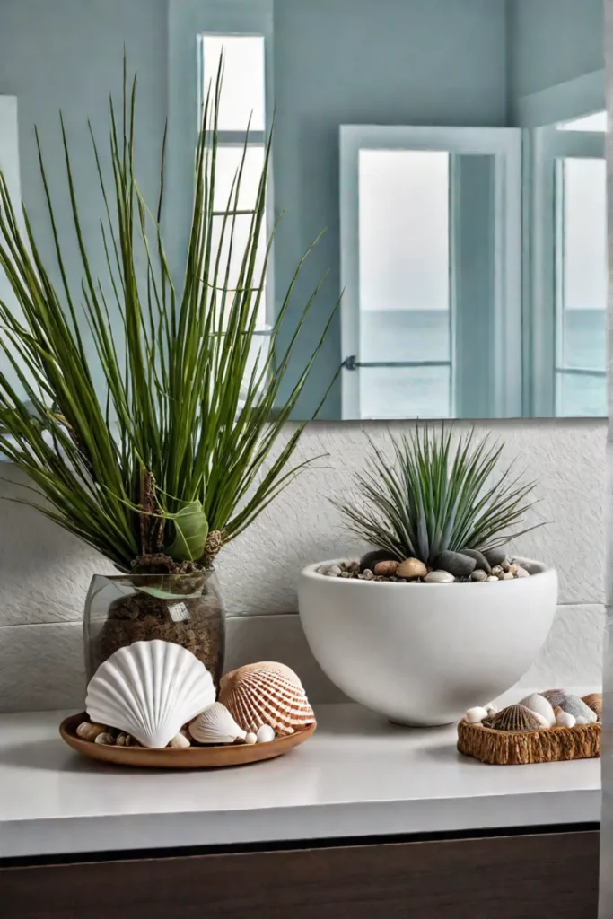 Bathroom sink area with seashells and air plant