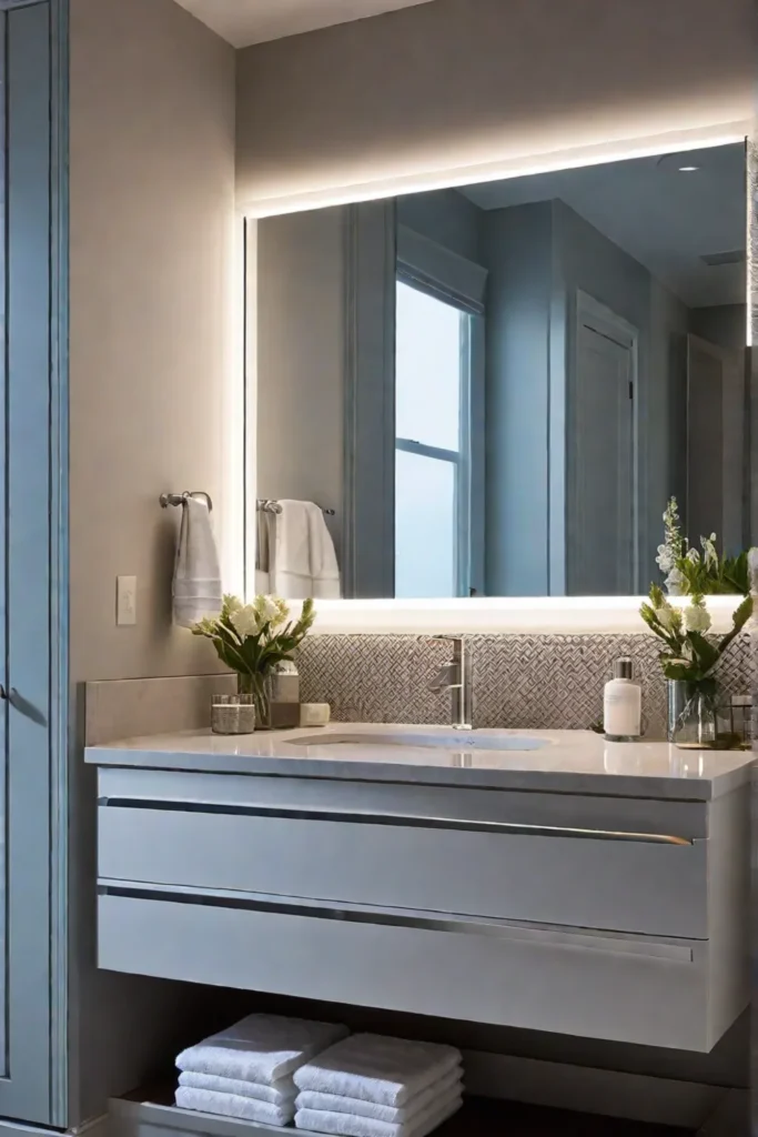 Bathroom vanity with welllit mirror and ambient lighting