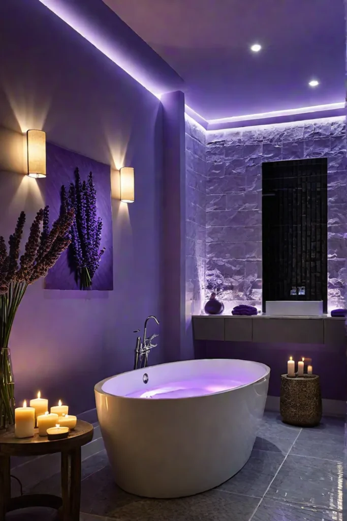 Bathroom with aromatherapy candles and warm LED lighting for relaxation