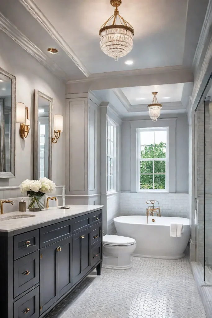 Bathroom with light fixtures matching the overall design style