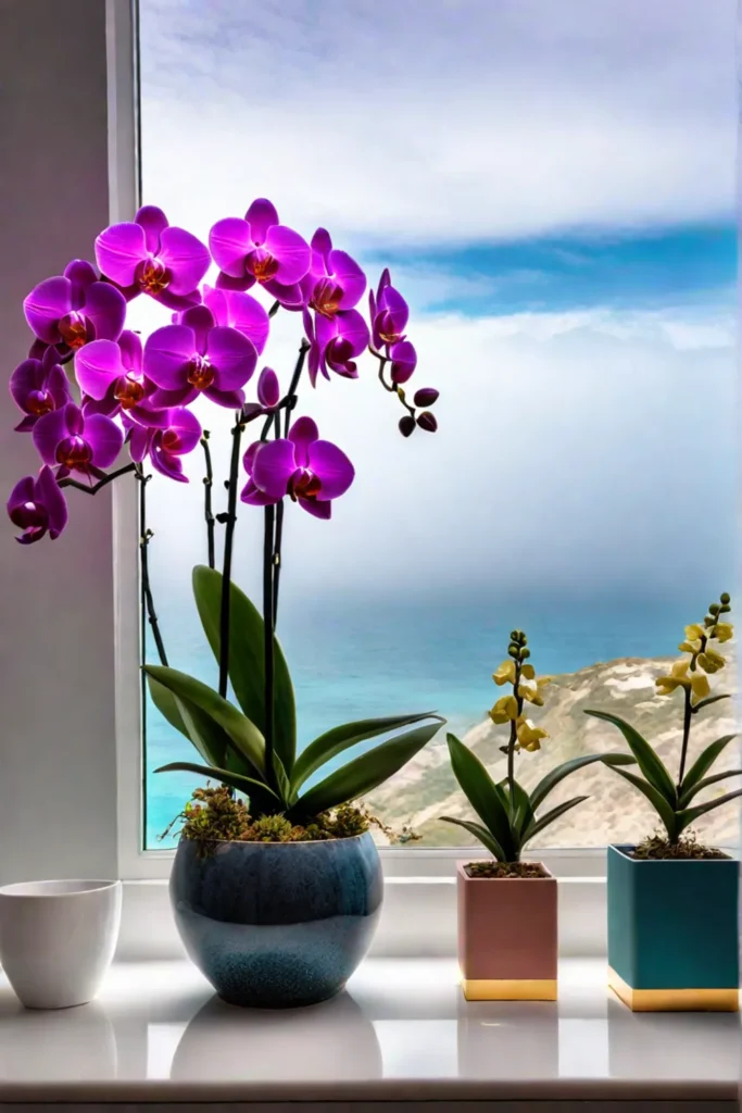 Bathroom with ocean view and colorful orchids