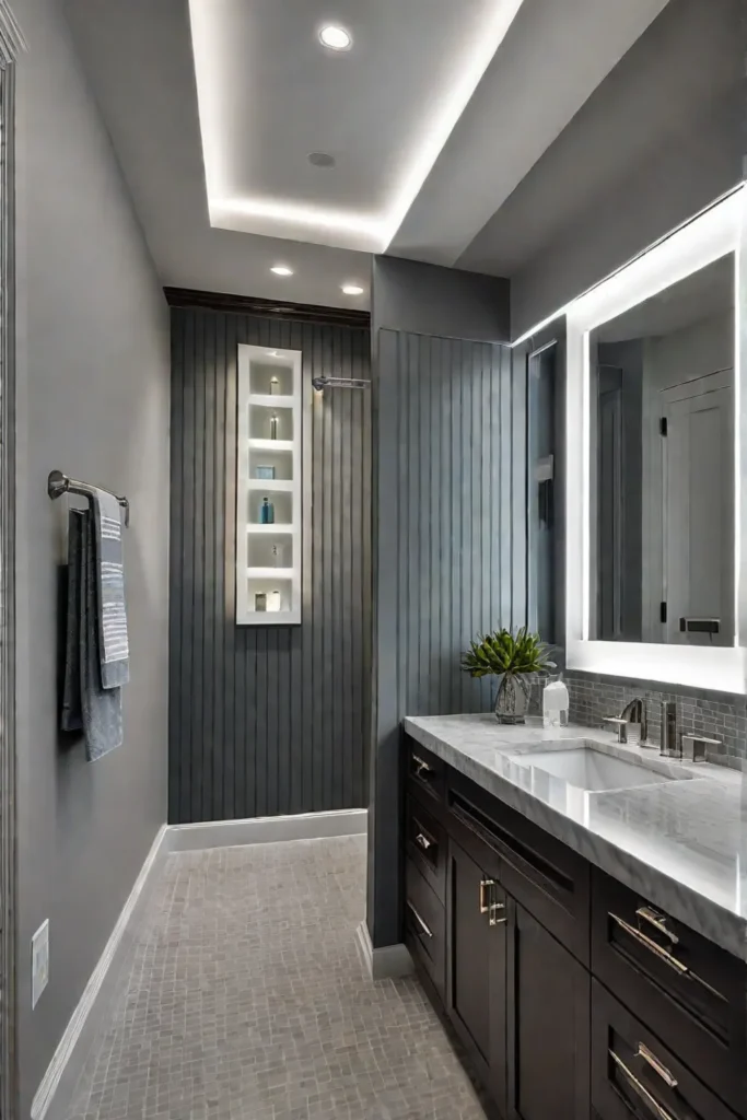 Bathroom with recessed ceiling lights and LED strip lights