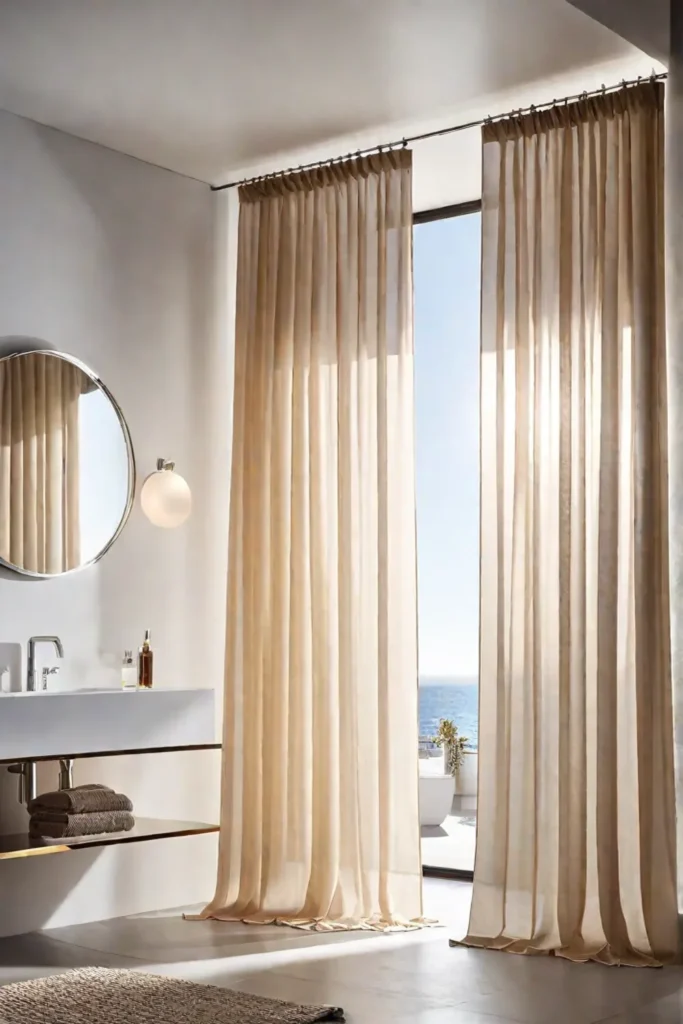 Bathroom with sheer curtains filtering sunlight and creating a warm ambiance