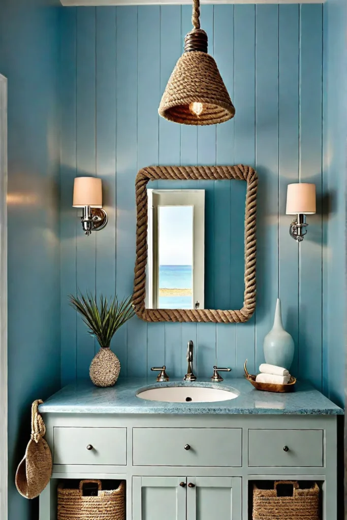 Beachinspired bathroom with light blue walls and themed lighting