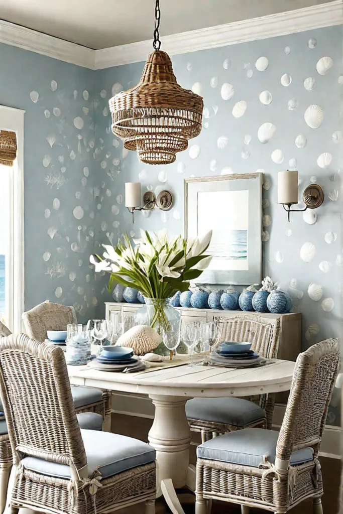 Beachinspired dining area with a light and airy wallpaper