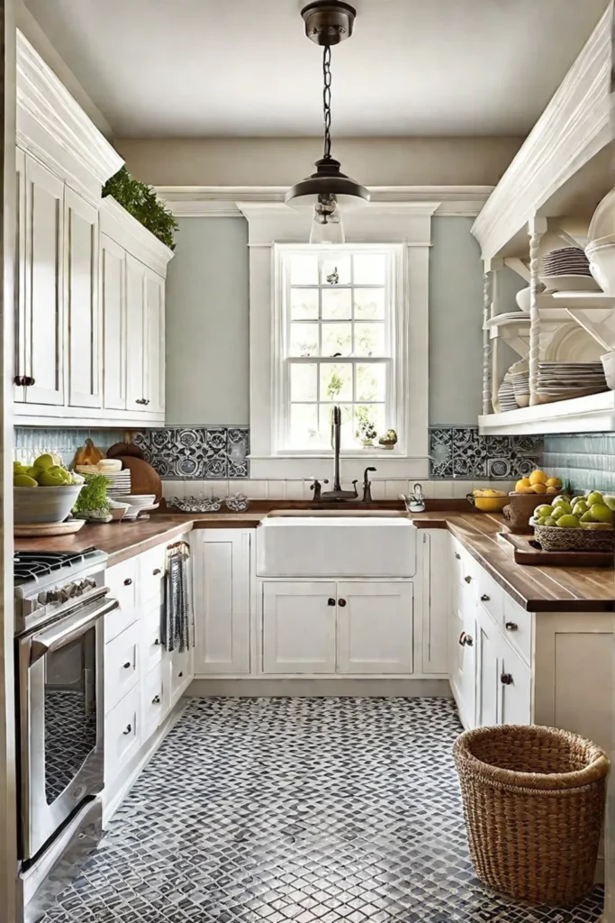 Beadboard wainscoting and patterned tile backsplash in a cottage kitchen