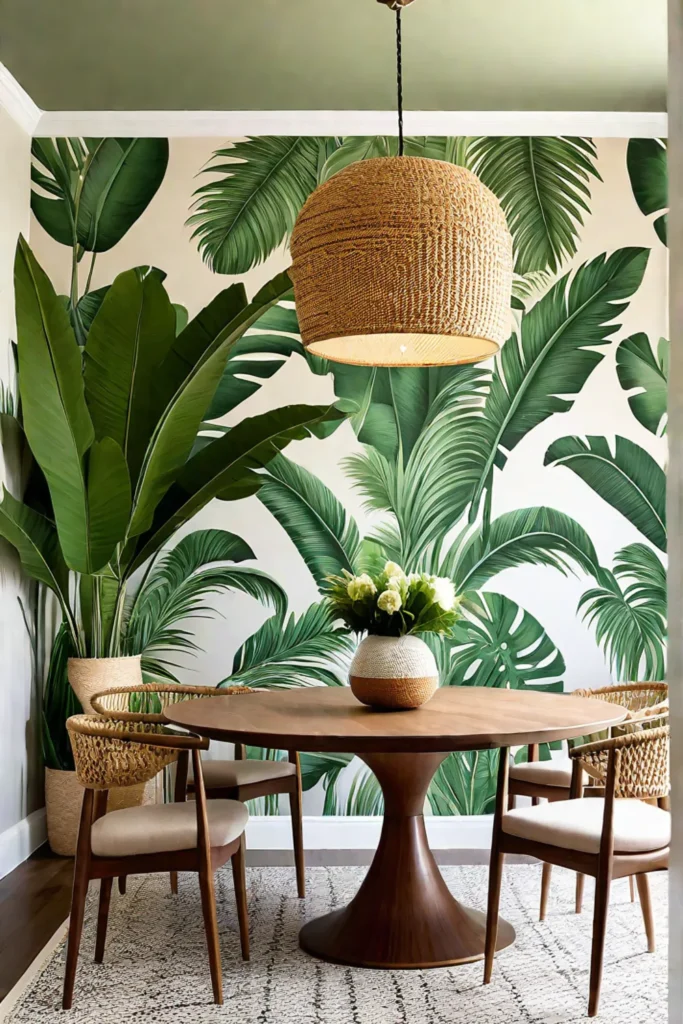 Beige dining room with palm leaf wallpaper and wooden furniture
