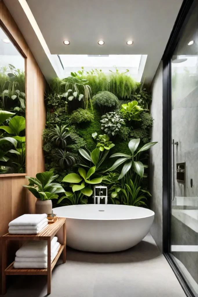 Biophilic design with plants and wooden accents in a bathroom