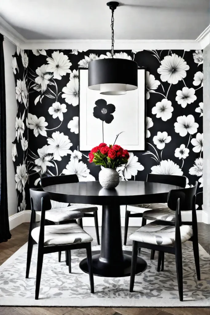 Black and white floral wallpaper statement wall in minimalist dining room