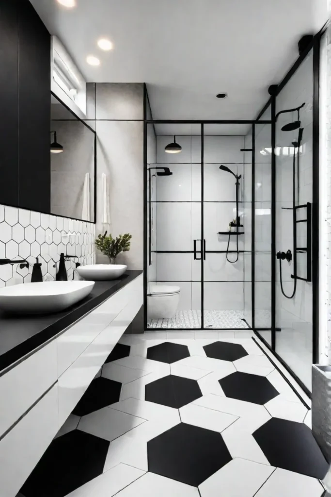 Black and white hexagonal tiles in a modern bathroom