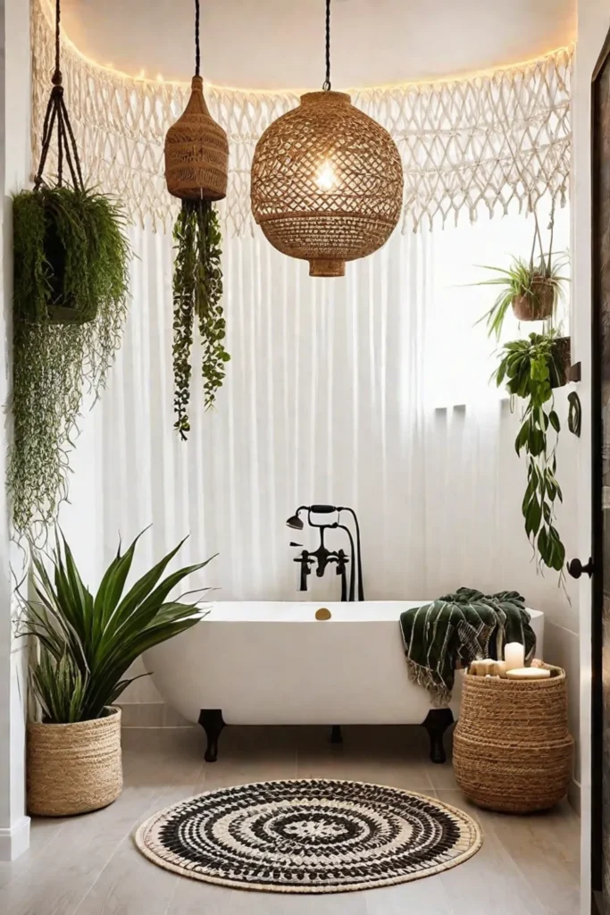 Bohemian bathroom with bamboo pendant light and string lights